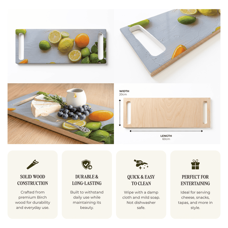 YELLOW AND ORANGE CITRUS ON WHITE DOUBLE HANDLE SERVING BOARD