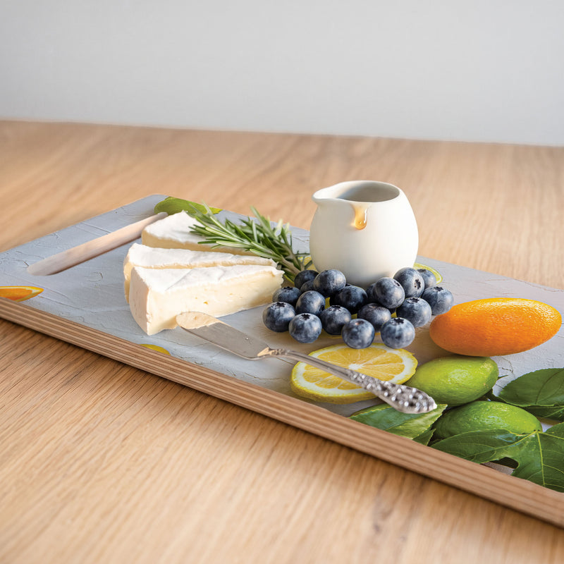 YELLOW AND ORANGE CITRUS ON WHITE DOUBLE HANDLE SERVING BOARD