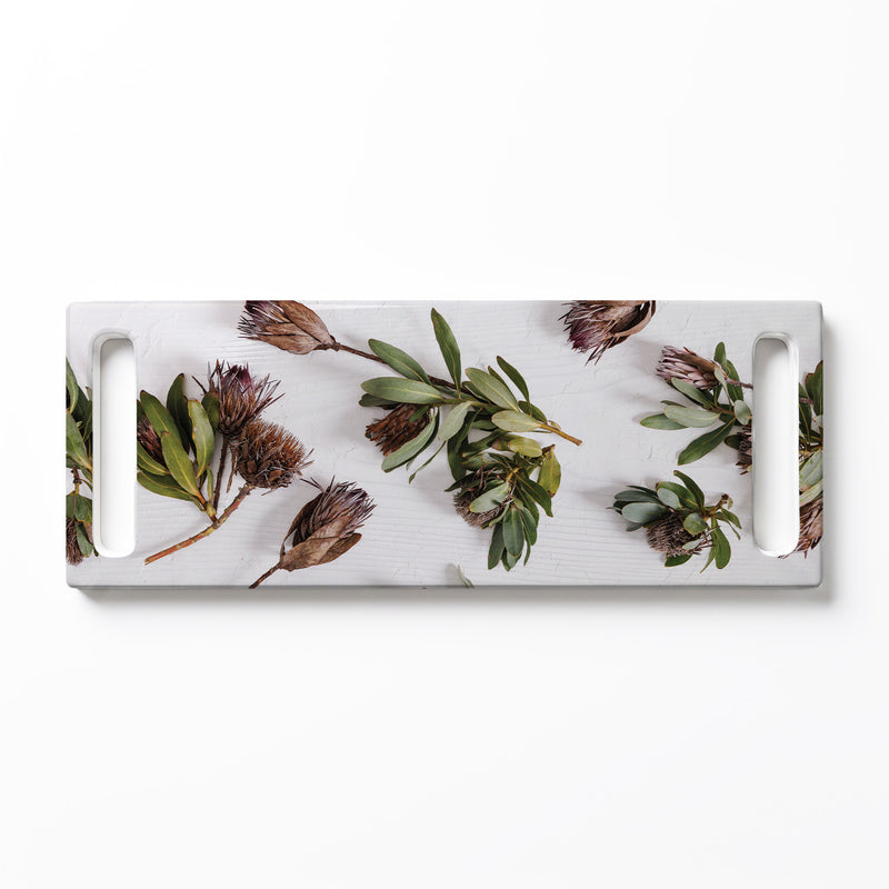 DRIED PROTEAS WITH GREEN LEAVES DOUBLE HANDLE SERVING BOARD
