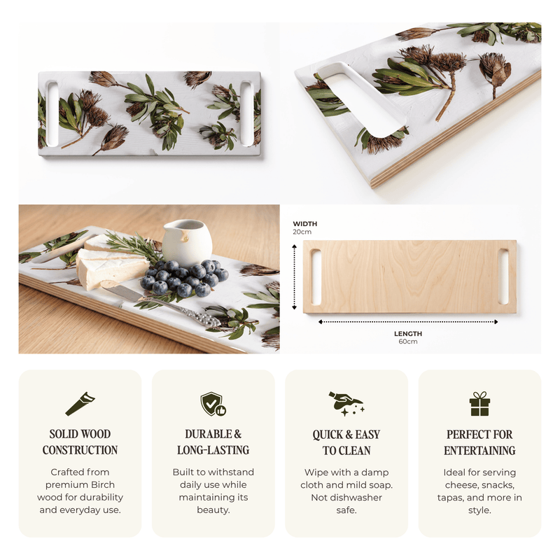 DRIED PROTEAS WITH GREEN LEAVES DOUBLE HANDLE SERVING BOARD