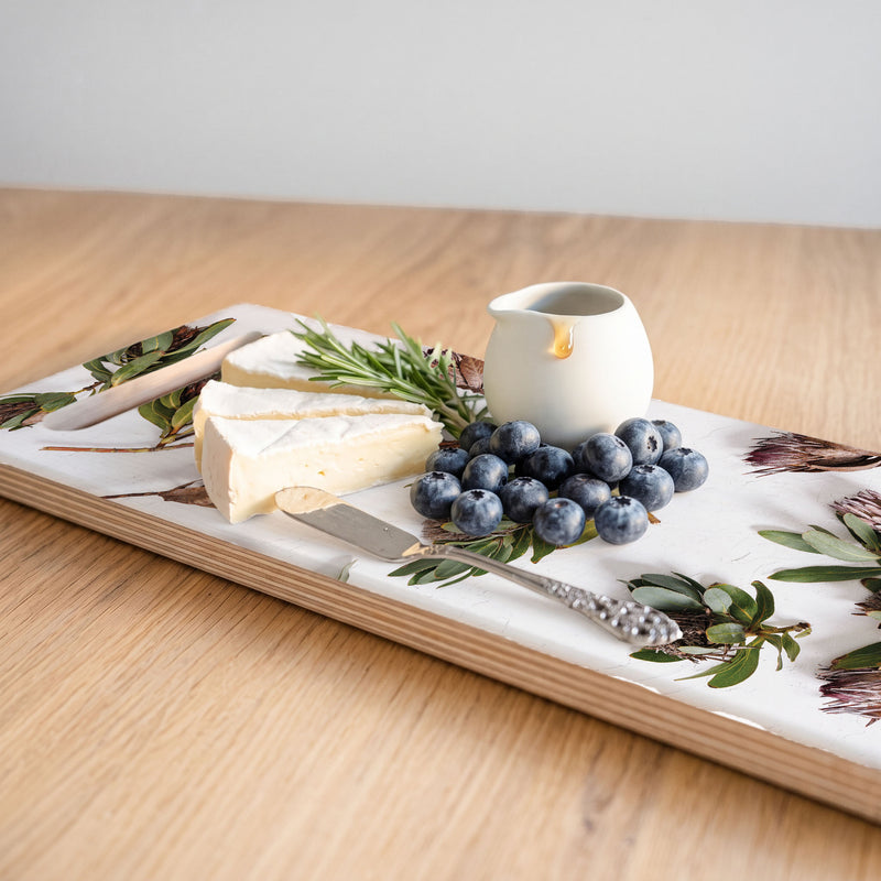 DRIED PROTEAS WITH GREEN LEAVES DOUBLE HANDLE SERVING BOARD