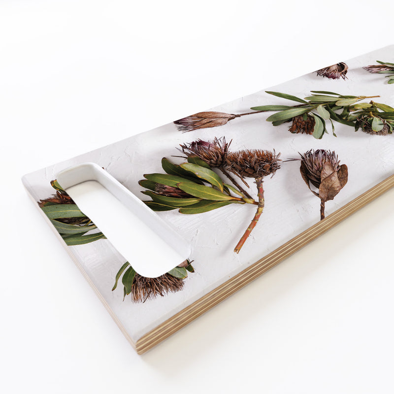DRIED PROTEAS WITH GREEN LEAVES DOUBLE HANDLE SERVING BOARD