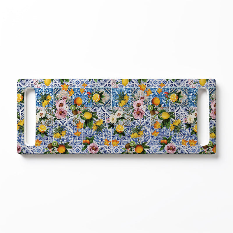 BLUE LISBON TILE WITH LEMONS & FLOWERS DOUBLE HANDLE SERVING BOARD