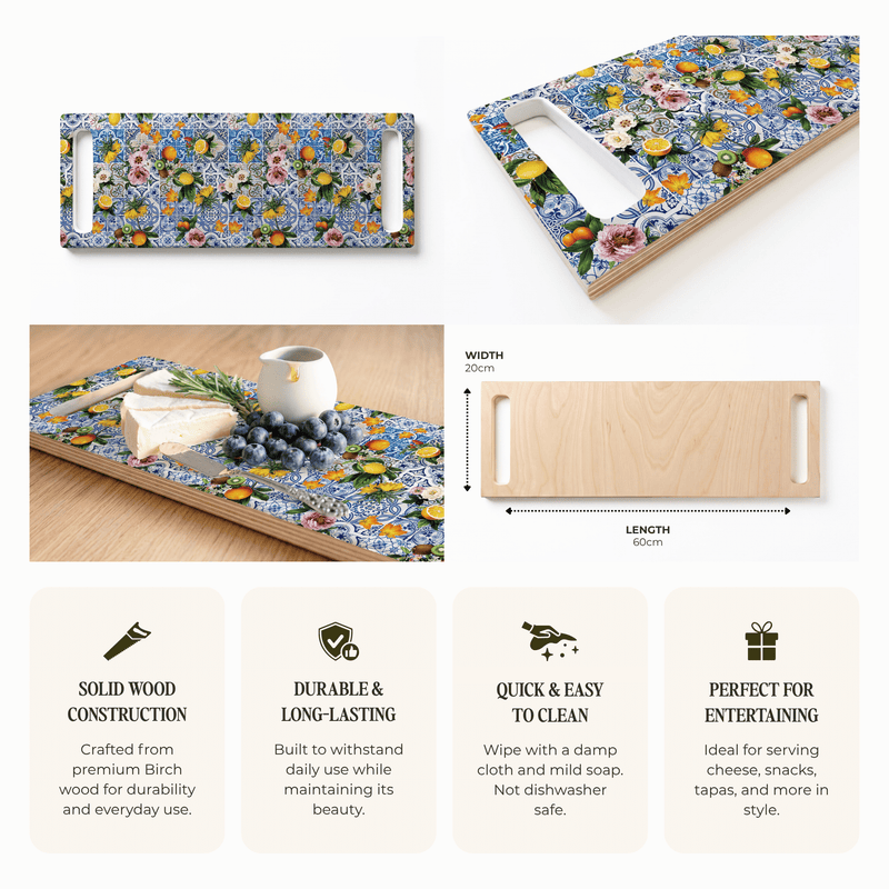 BLUE LISBON TILE WITH LEMONS & FLOWERS DOUBLE HANDLE SERVING BOARD