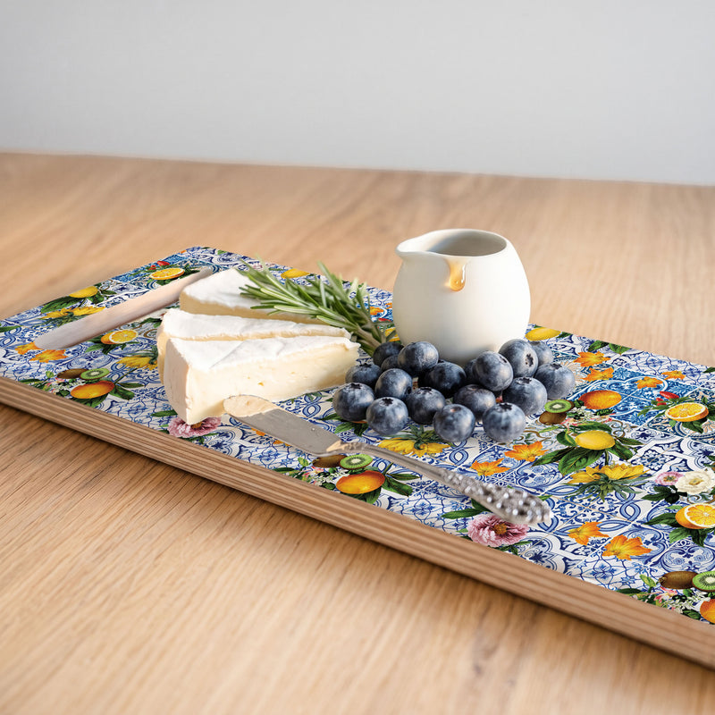 BLUE LISBON TILE WITH LEMONS & FLOWERS DOUBLE HANDLE SERVING BOARD