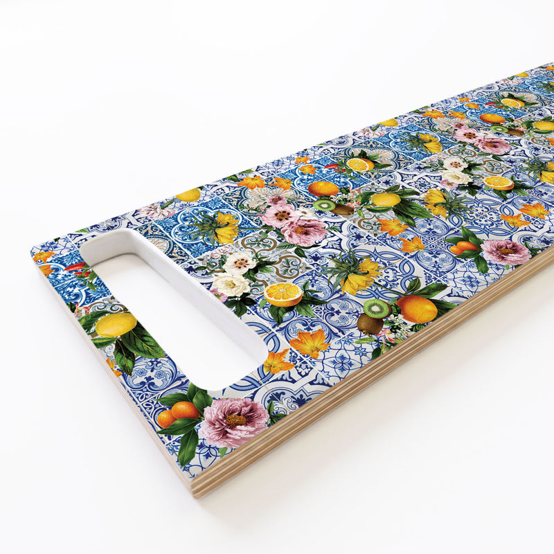 BLUE LISBON TILE WITH LEMONS & FLOWERS DOUBLE HANDLE SERVING BOARD