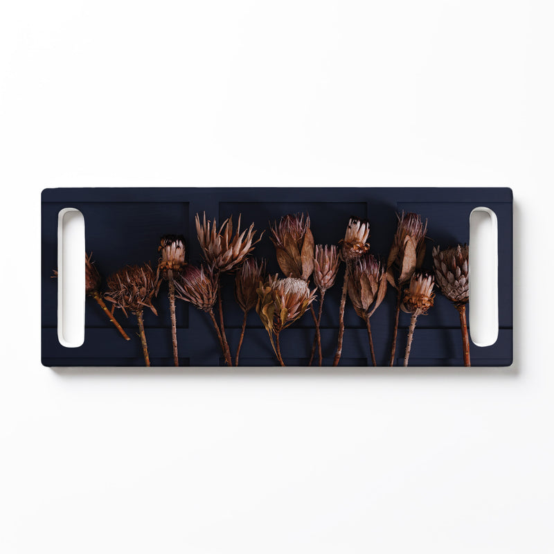 GOLDEN PROTEAS ON BLUE DOUBLE HANDLE SERVING BOARD