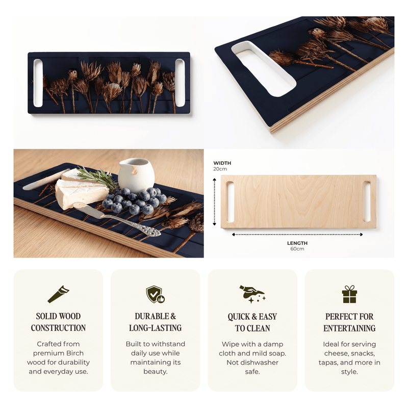GOLDEN PROTEAS ON BLUE DOUBLE HANDLE SERVING BOARD