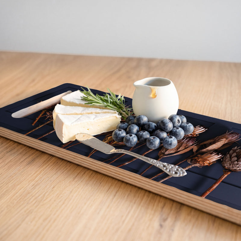GOLDEN PROTEAS ON BLUE DOUBLE HANDLE SERVING BOARD
