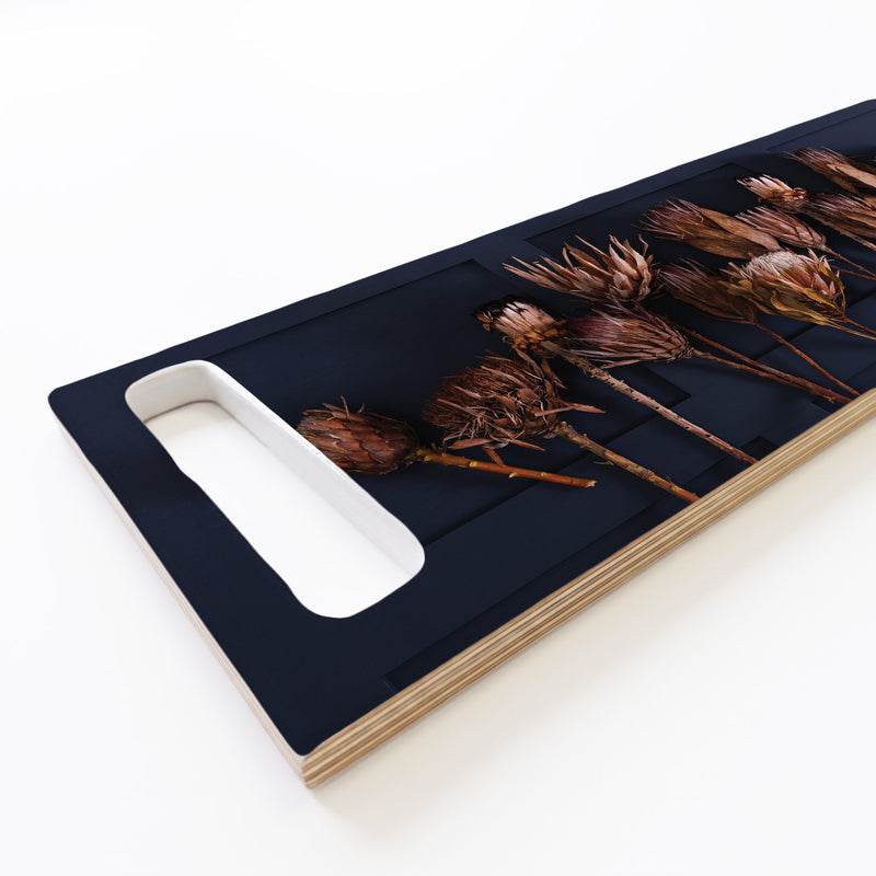 GOLDEN PROTEAS ON BLUE DOUBLE HANDLE SERVING BOARD