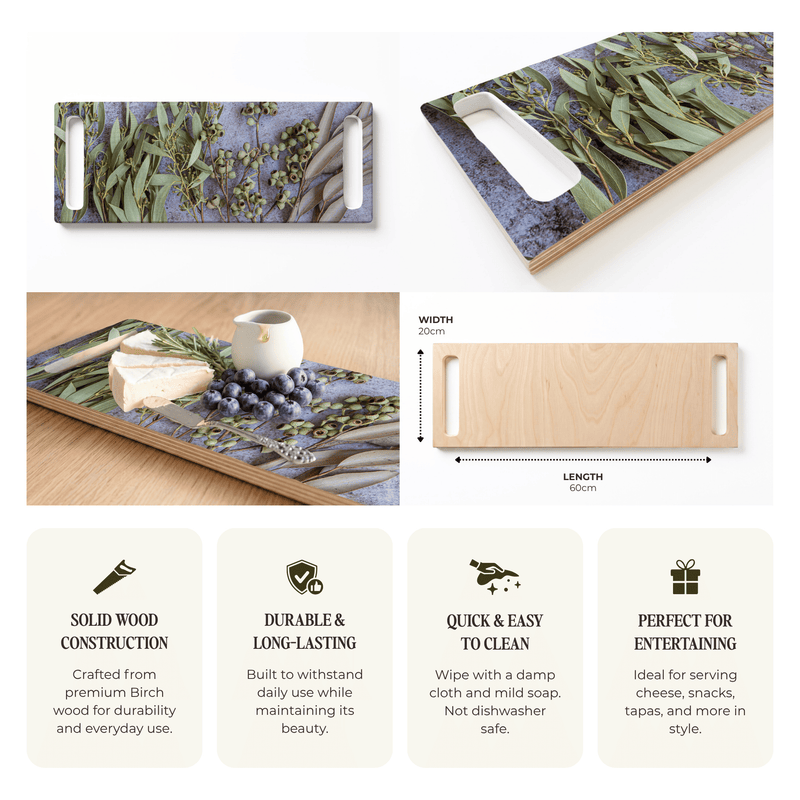 BROWN NATURAL AMBERNUTS WITH GREEN FOLIAGE DOUBLE HANDLE SERVING BOARD