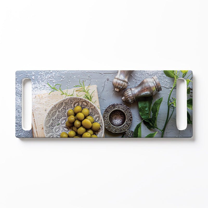 SILVER SALT SHAKERS WITH GREEN OLIVES PLATE DOUBLE HANDLE SERVING BOARD