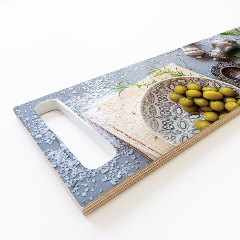 SILVER SALT SHAKERS WITH GREEN OLIVES PLATE DOUBLE HANDLE SERVING BOARD