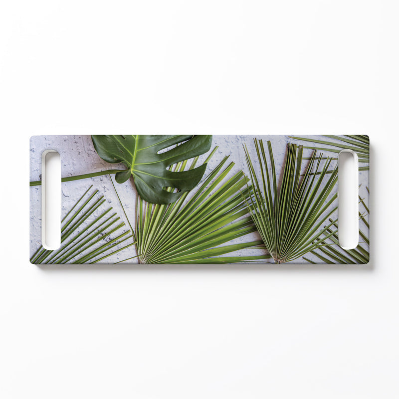 GREEN PALM LEAVES ON WHITE DOUBLE HANDLE SERVING BOARD