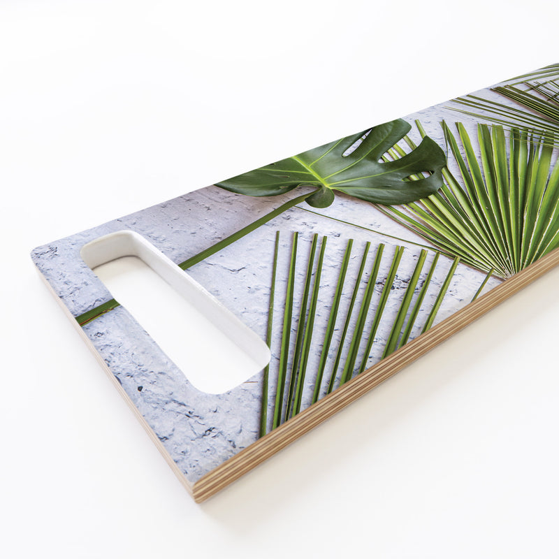 GREEN PALM LEAVES ON WHITE DOUBLE HANDLE SERVING BOARD
