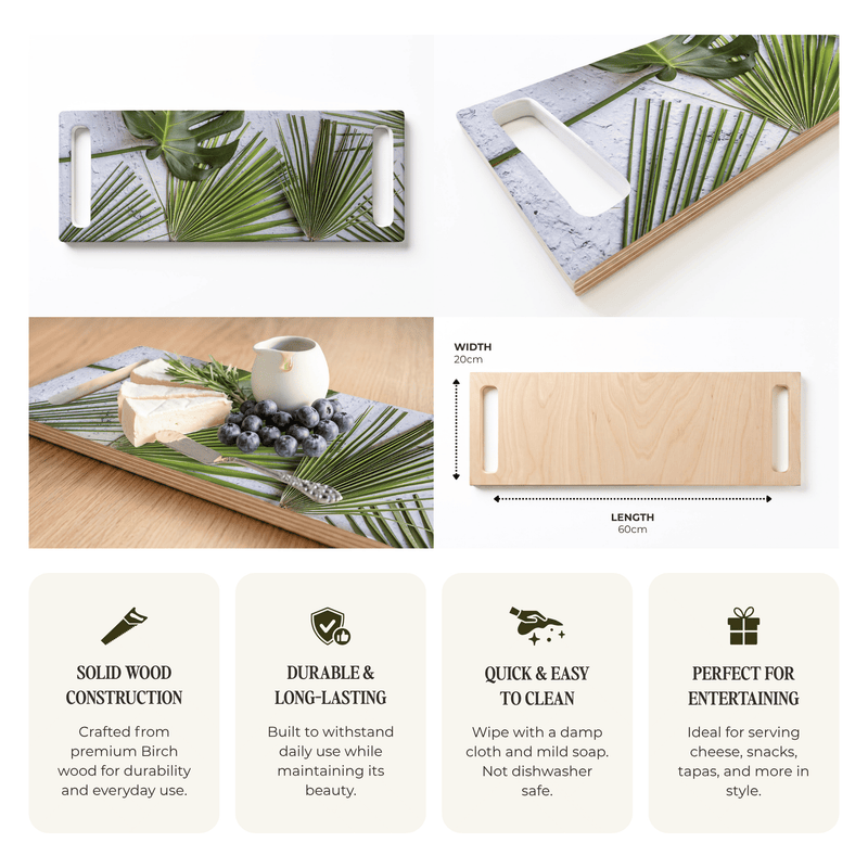 GREEN PALM LEAVES ON WHITE DOUBLE HANDLE SERVING BOARD