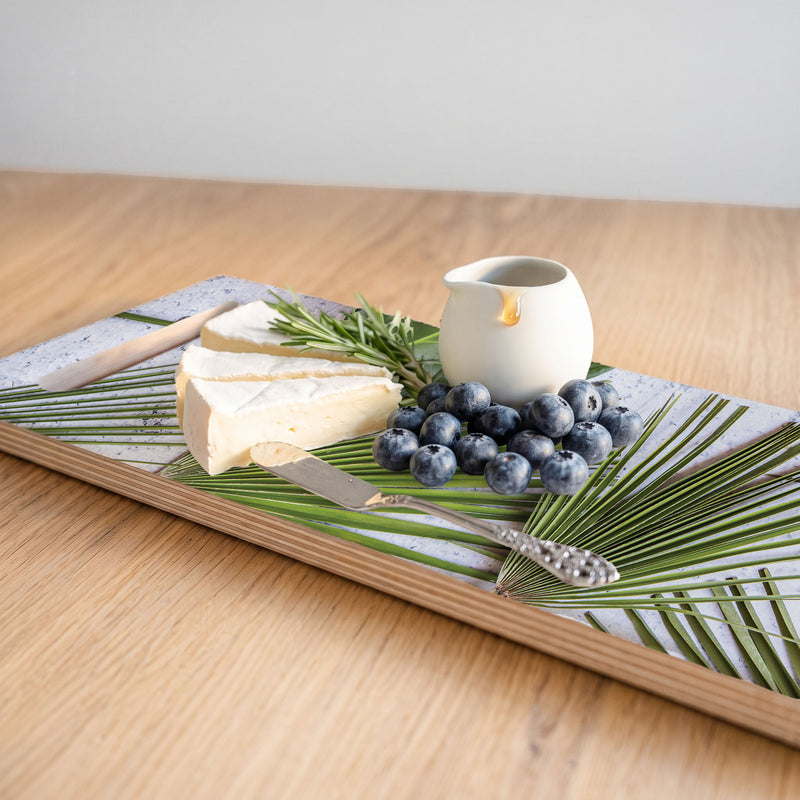 GREEN PALM LEAVES ON WHITE DOUBLE HANDLE SERVING BOARD