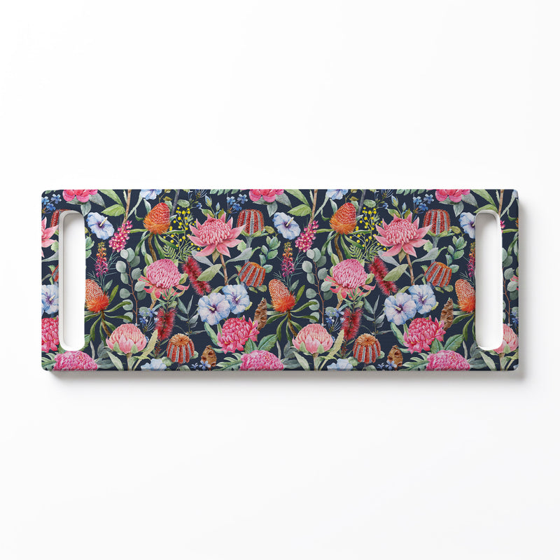 NAVY MIXED FLOWERS WITH EUCALYPTUS LEAVES DOUBLE HANDLE SERVING BOARD