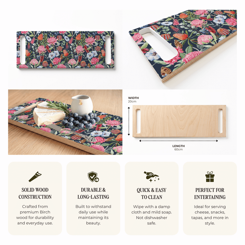NAVY MIXED FLOWERS WITH EUCALYPTUS LEAVES DOUBLE HANDLE SERVING BOARD