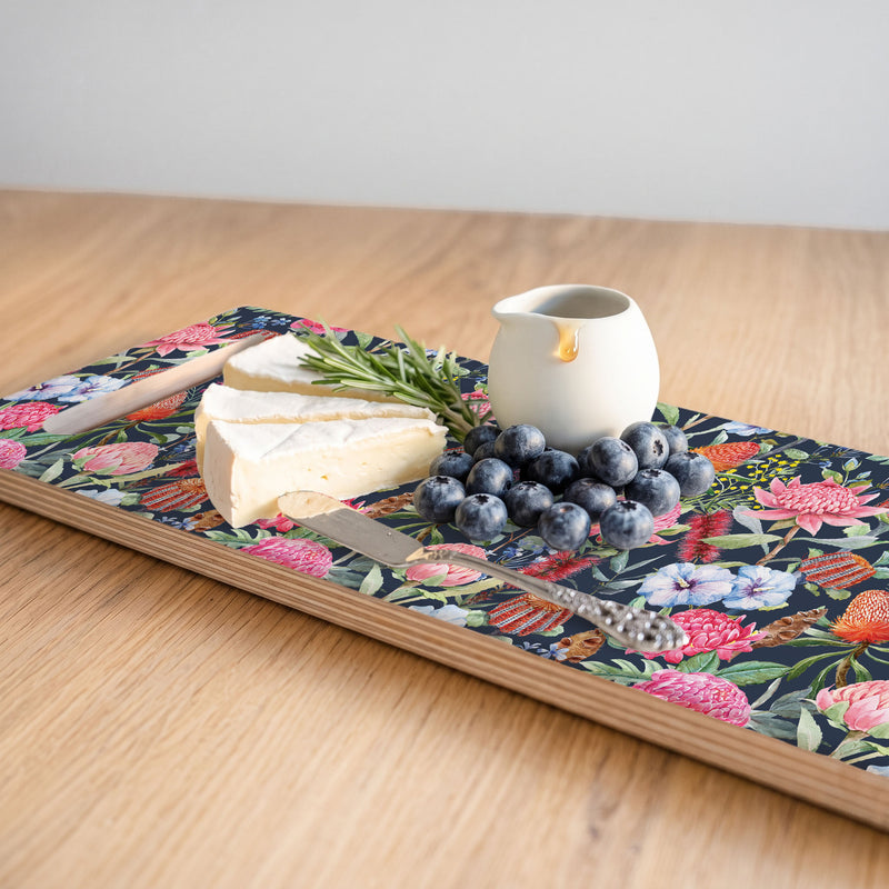 NAVY MIXED FLOWERS WITH EUCALYPTUS LEAVES DOUBLE HANDLE SERVING BOARD