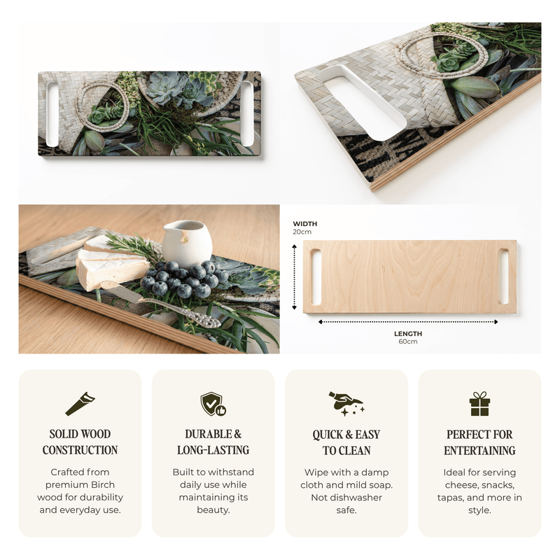 GREEN ALOE BOUQUET IN BASKET ON HESIAN DOUBLE HANDLE SERVING BOARD