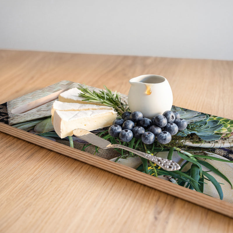 GREEN ALOE BOUQUET IN BASKET ON HESIAN DOUBLE HANDLE SERVING BOARD