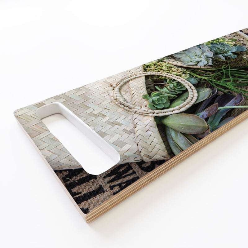 GREEN ALOE BOUQUET IN BASKET ON HESIAN DOUBLE HANDLE SERVING BOARD