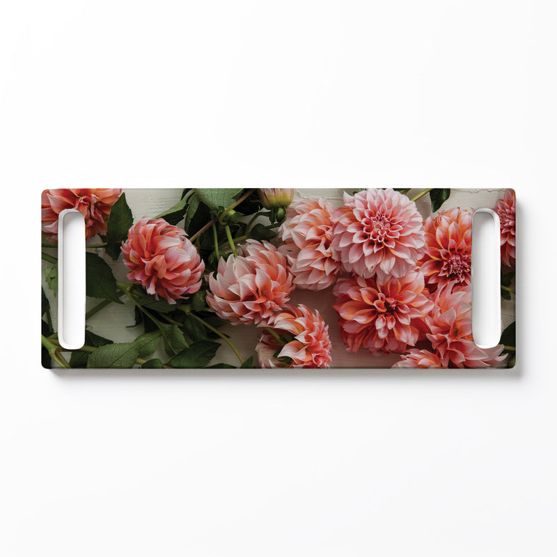 ORANGE SCATTERED DAHLIAS WITH LEAVES DOUBLE HANDLE SERVING BOARD