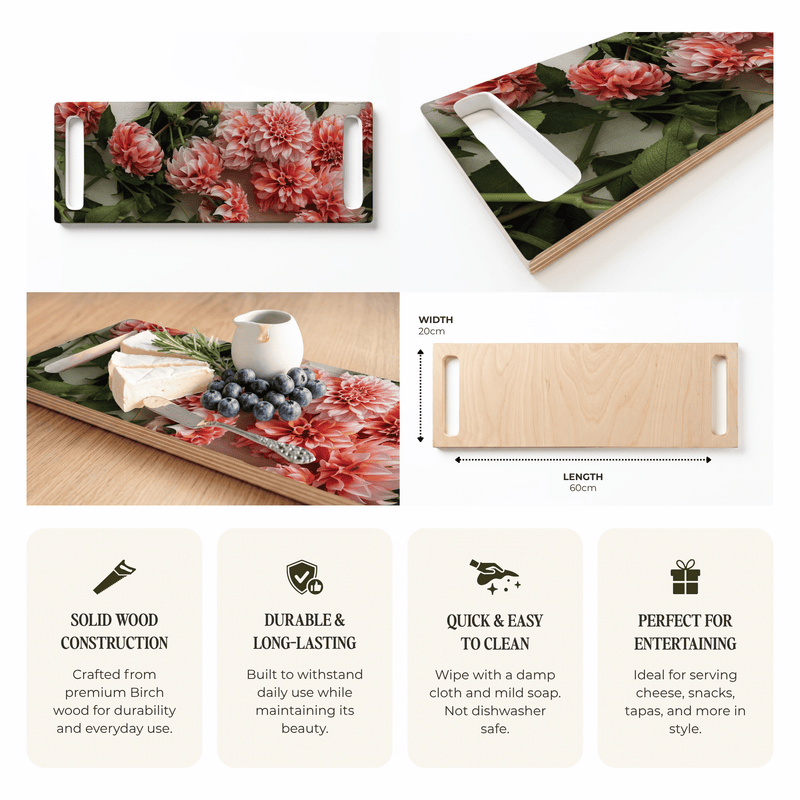 ORANGE SCATTERED DAHLIAS WITH LEAVES DOUBLE HANDLE SERVING BOARD