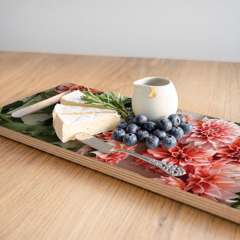 ORANGE SCATTERED DAHLIAS WITH LEAVES DOUBLE HANDLE SERVING BOARD