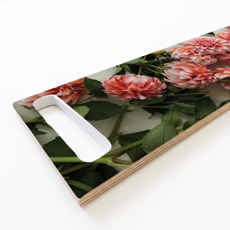 ORANGE SCATTERED DAHLIAS WITH LEAVES DOUBLE HANDLE SERVING BOARD
