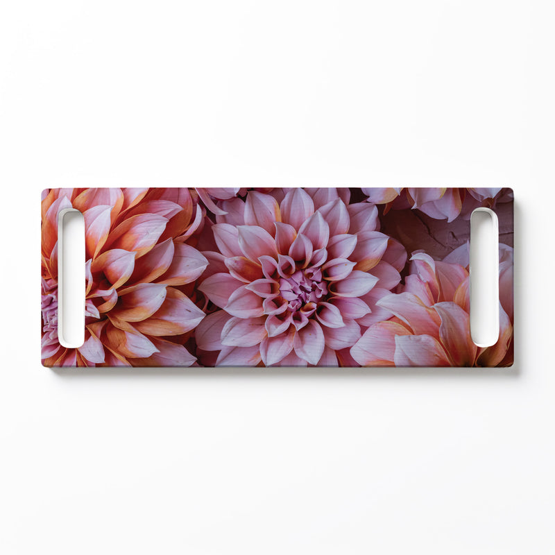 PINK AND ORANGE DAHLIA FLOWERS DOUBLE HANDLE SERVING BOARD