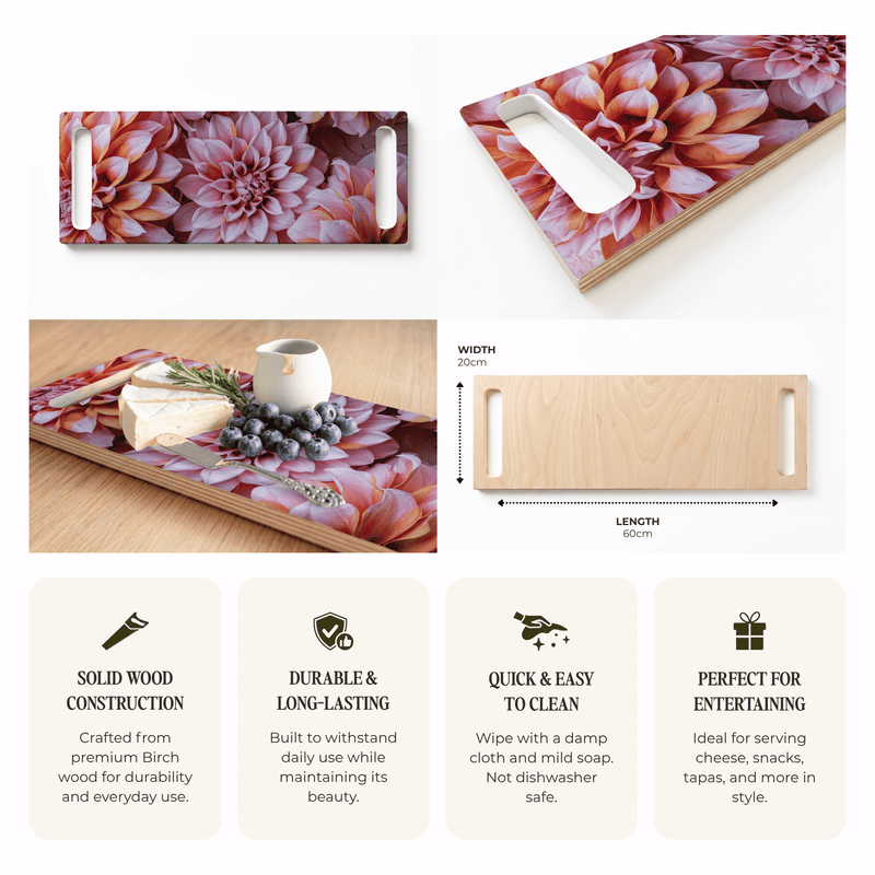 PINK AND ORANGE DAHLIA FLOWERS DOUBLE HANDLE SERVING BOARD