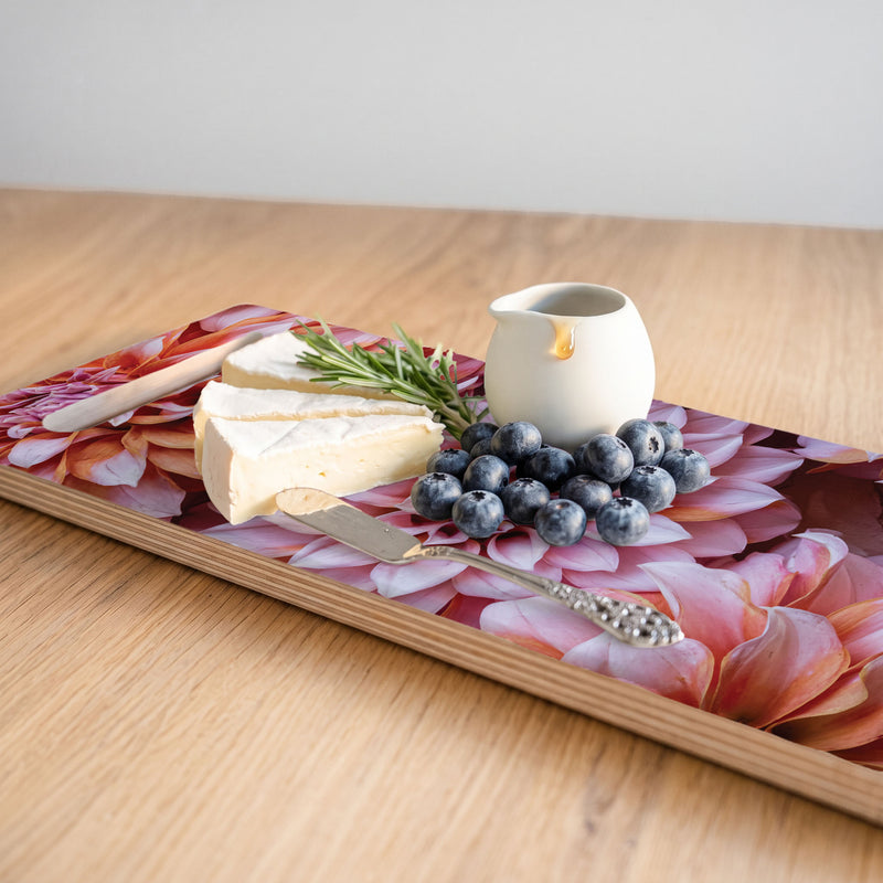 PINK AND ORANGE DAHLIA FLOWERS DOUBLE HANDLE SERVING BOARD