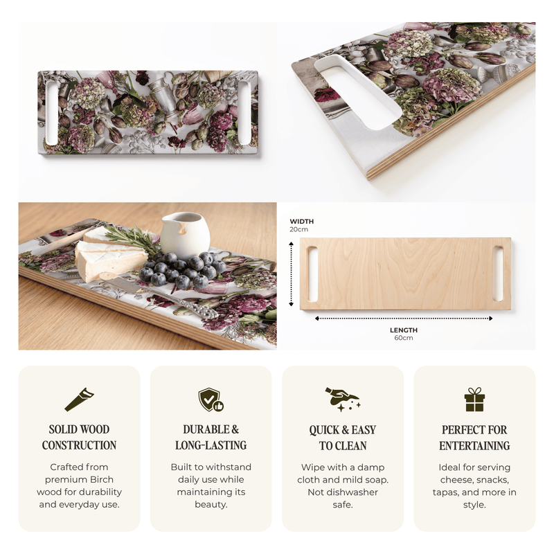 PINK FLORAL STILL LIFE DOUBLE HANDLE SERVING BOARD