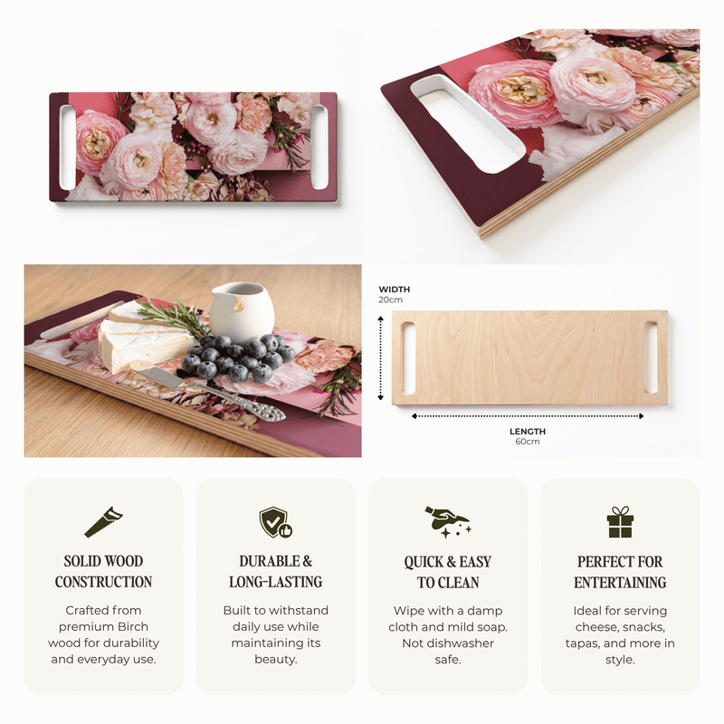 PINK FLORALS ON BLOCKS DOUBLE HANDLE SERVING BOARD