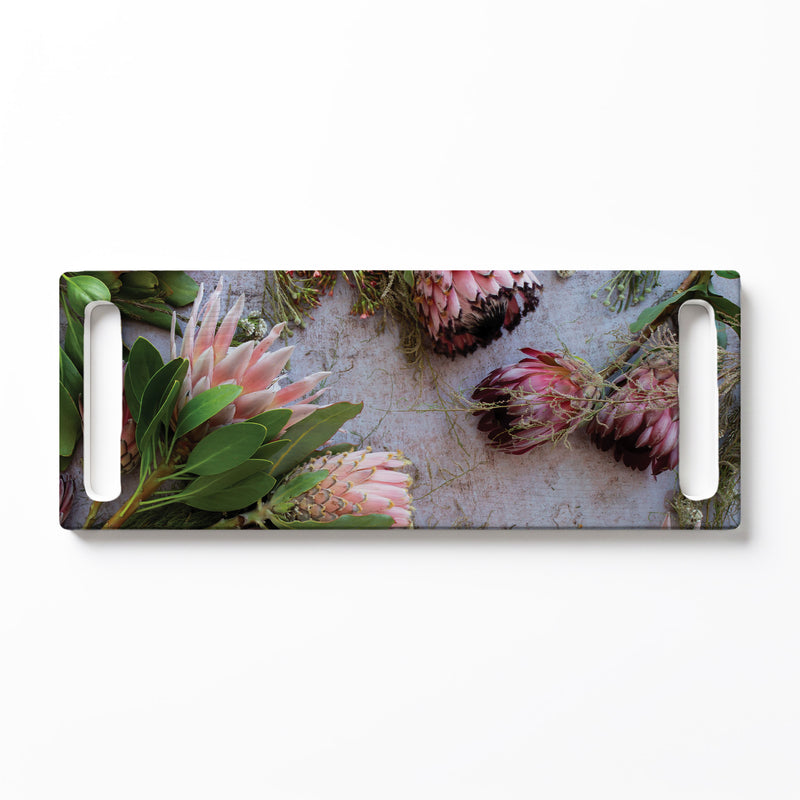 PINK MIXED KING PROTEAS DOUBLE HANDLE SERVING BOARD