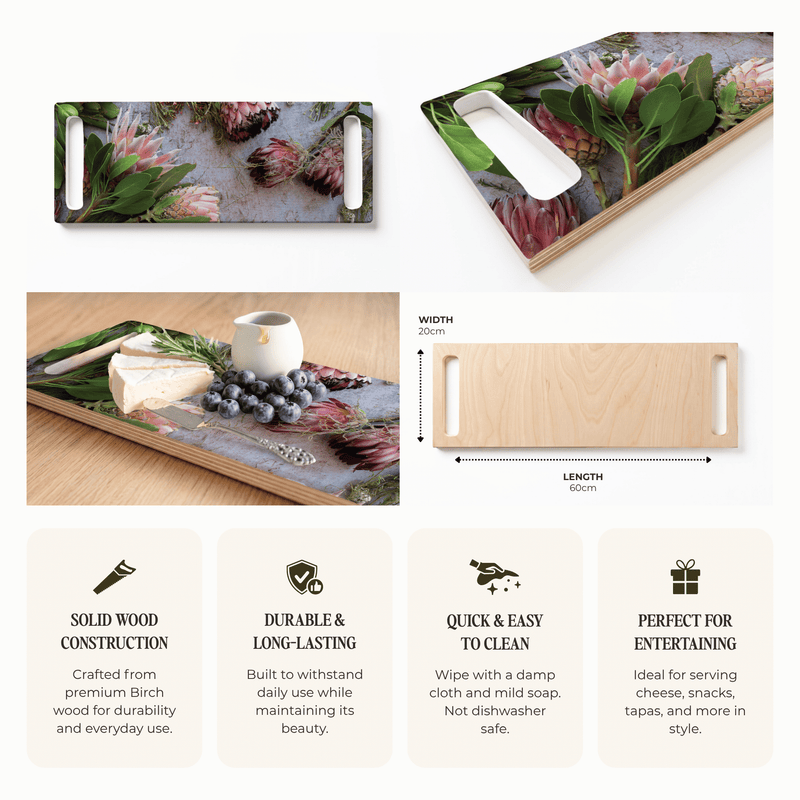 PINK MIXED KING PROTEAS DOUBLE HANDLE SERVING BOARD