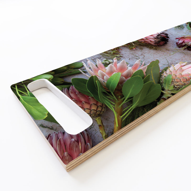 PINK MIXED KING PROTEAS DOUBLE HANDLE SERVING BOARD