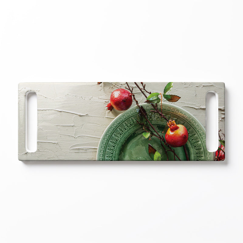 RED POMEGRANATES ON GREEN PLATE DOUBLE HANDLE SERVING BOARD