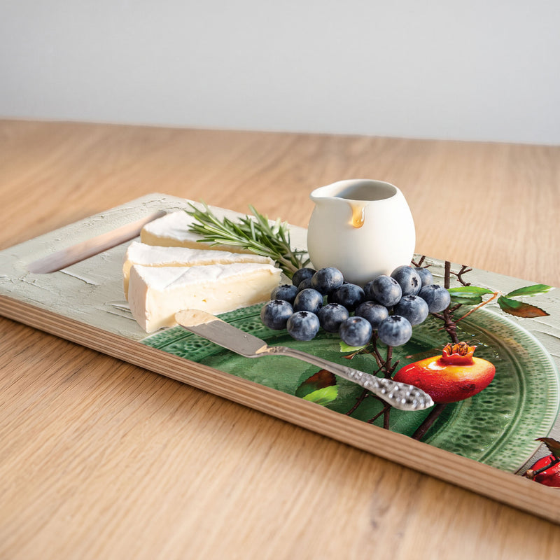 RED POMEGRANATES ON GREEN PLATE DOUBLE HANDLE SERVING BOARD