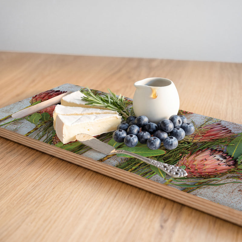 PINK MIXED PROTEAS WITH GREEN FOLIAGE DOUBLE HANDLE SERVING BOARD