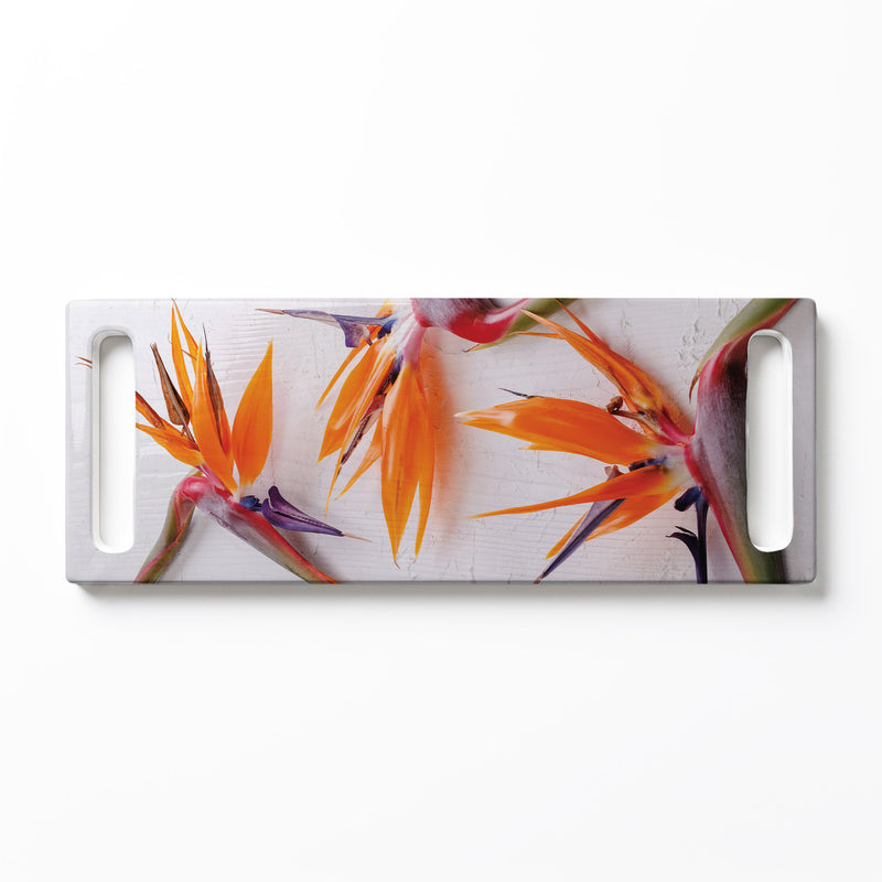 STRELITZIAS ON WHITE DOUBLE HANDLE SERVING BOARD