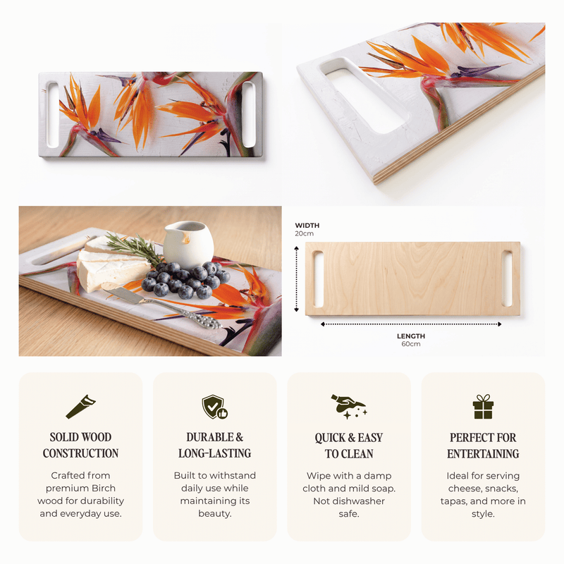 STRELITZIAS ON WHITE DOUBLE HANDLE SERVING BOARD