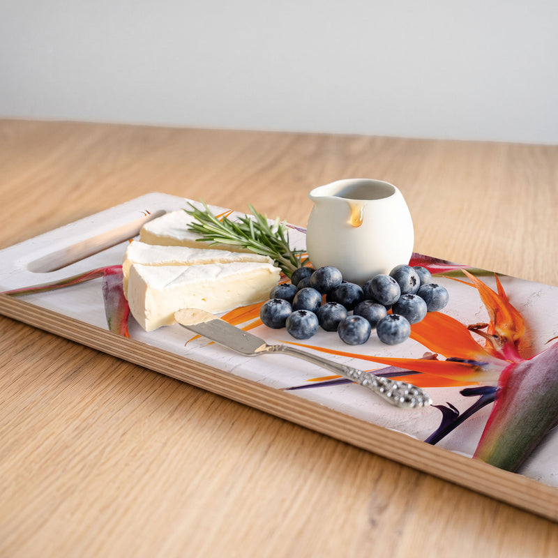 STRELITZIAS ON WHITE DOUBLE HANDLE SERVING BOARD