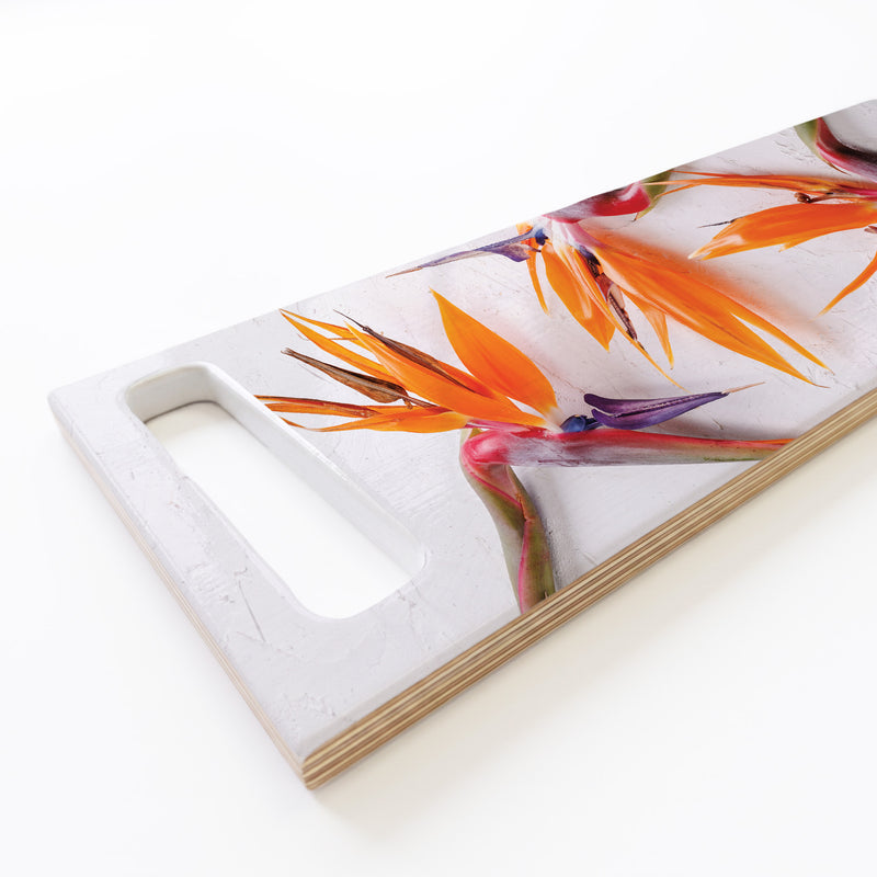 STRELITZIAS ON WHITE DOUBLE HANDLE SERVING BOARD