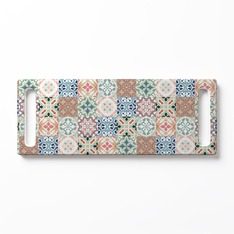 TEAL AND ORANGE TILE PATTERN DOUBLE HANDLE SERVING BOARD