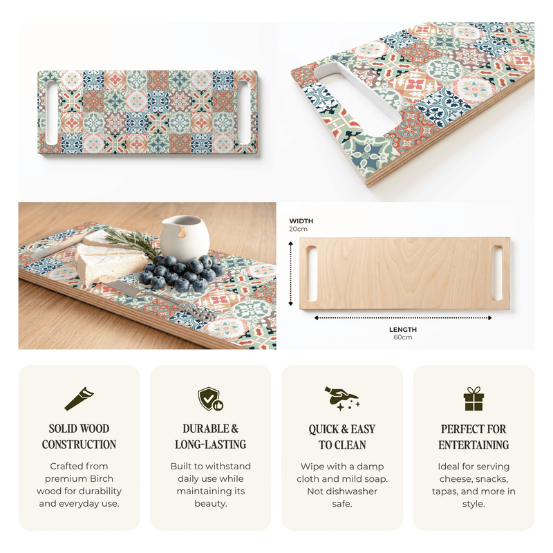 TEAL AND ORANGE TILE PATTERN DOUBLE HANDLE SERVING BOARD