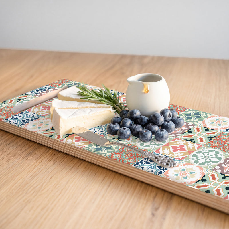 TEAL AND ORANGE TILE PATTERN DOUBLE HANDLE SERVING BOARD