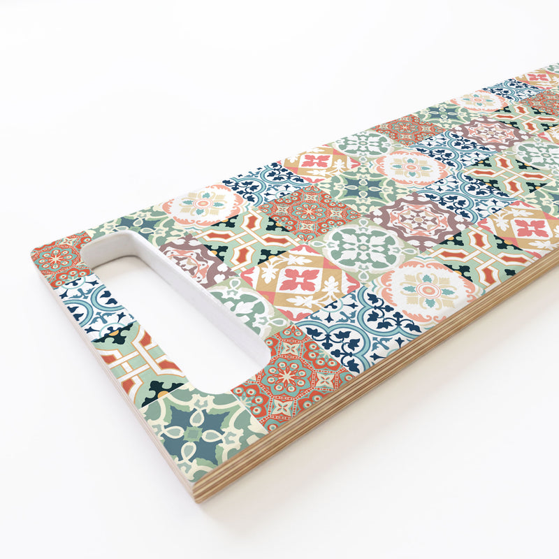 TEAL AND ORANGE TILE PATTERN DOUBLE HANDLE SERVING BOARD